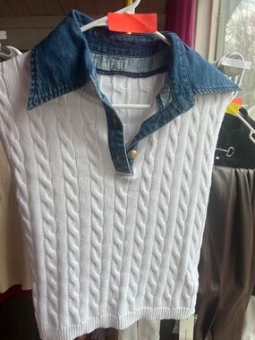 Commense White Cable Knit Sleeveless Top with Denim Collar